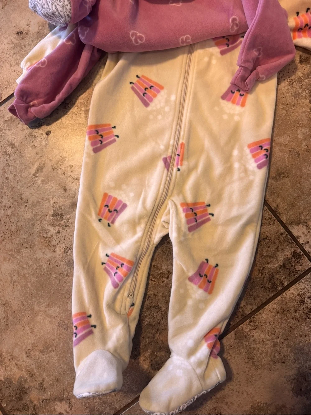 NWT set of (2) pink Pekkle fleece footed sleepers cute popcorn graphic size 12m
